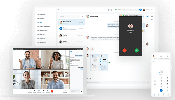 Interface VOKALISE sur ordinateur, visioconférence et application mobile